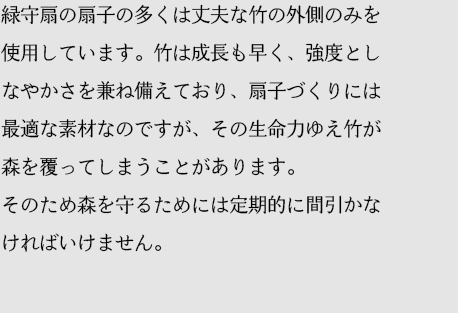 緑守扇の扇子の多くは丈夫な竹の外側のみを使用しています。竹は成長も早く、強度としなやかさを兼ね備えており、扇子づくりには最適な素材なのですが、その生命力ゆえ竹が森を覆ってしまうことがあります。そのため森を守るためには定期的に間引かなければいけません。